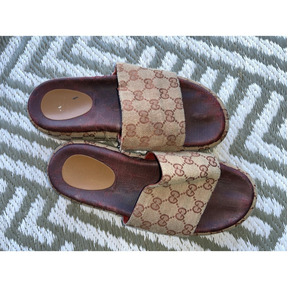 USED Gucci Angelina Platform Slide Sandals canvas monogram SIZE 9